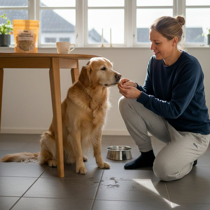 En hund bliver forkælet med en allergivenlig godbid i køkkenet.