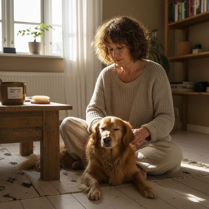 Kvinde forkæler sin hund med hjemmelavet oliebehandling til pelsen