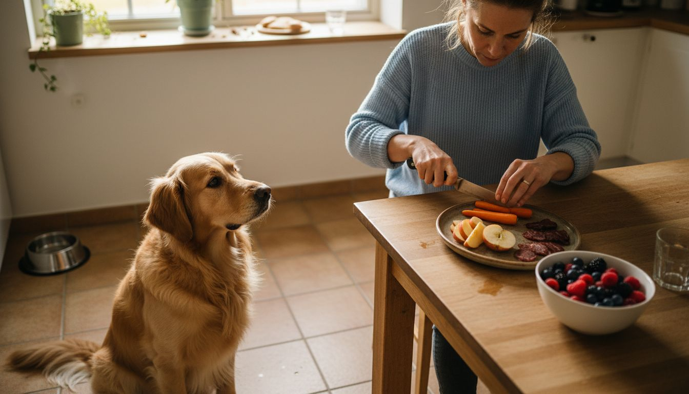 Hund, der følger nysgerrigt med, mens ejeren laver sunde snacks