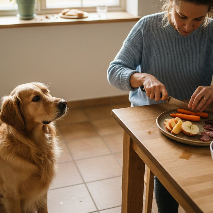Hund, der følger nysgerrigt med, mens ejeren laver sunde snacks