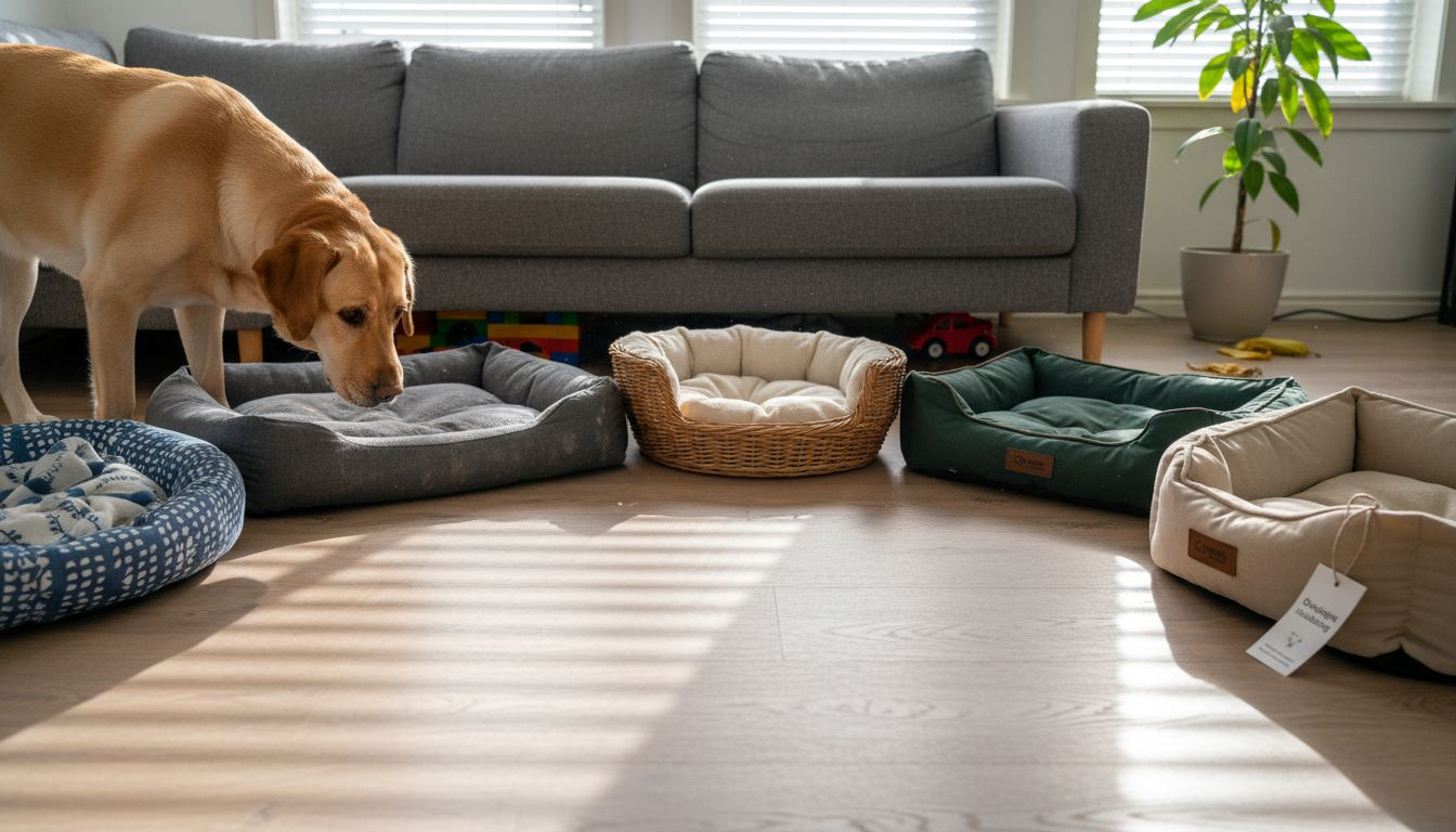 En nysgerrig hund undersøger forskellige slags hundesenge rundt omkring i det hyggelige hjem.