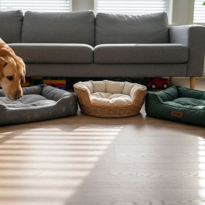En nysgerrig hund undersøger forskellige slags hundesenge rundt omkring i det hyggelige hjem.