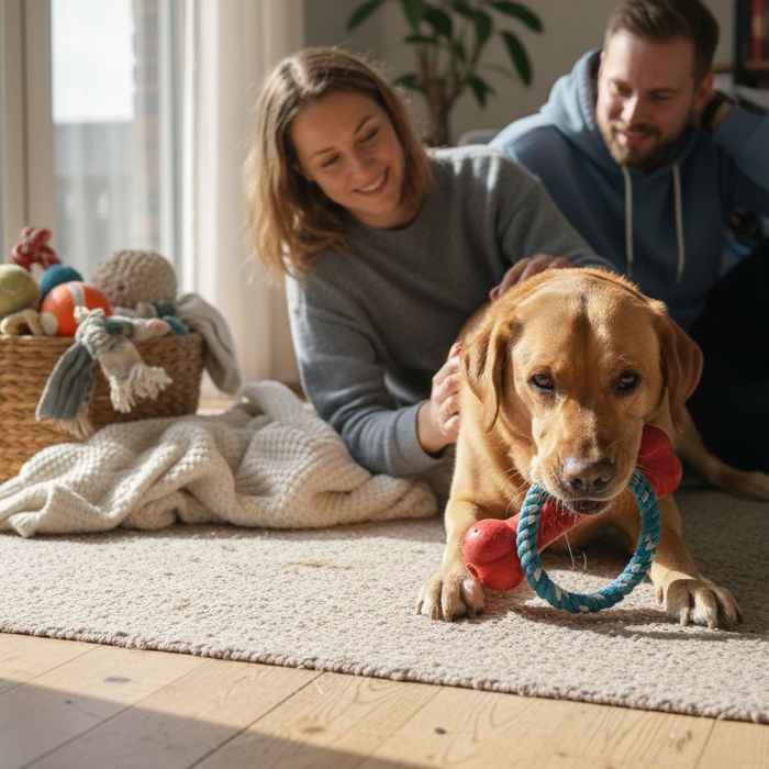 Hele familien hygger sig med at lege med hunden indenfor, hvor de kun bruger sikre legetøj.