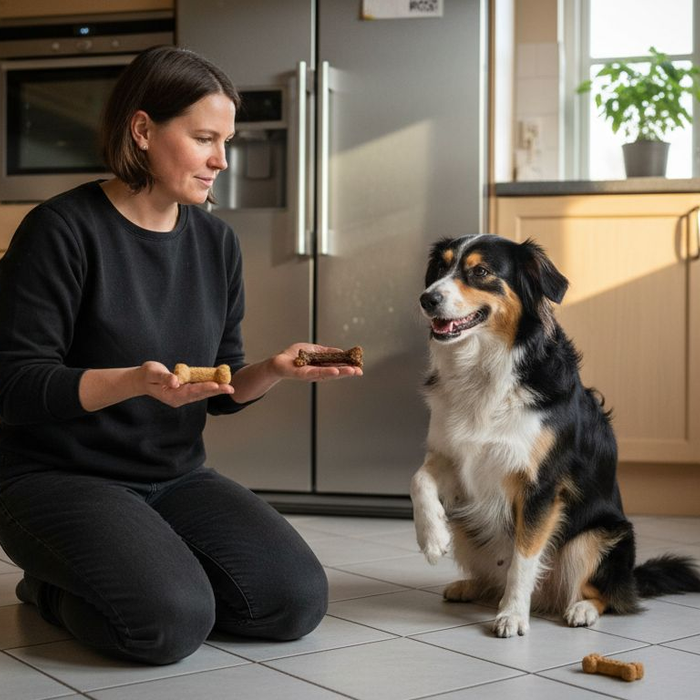 Hund og ejer udvælger sunde godbidder sammen