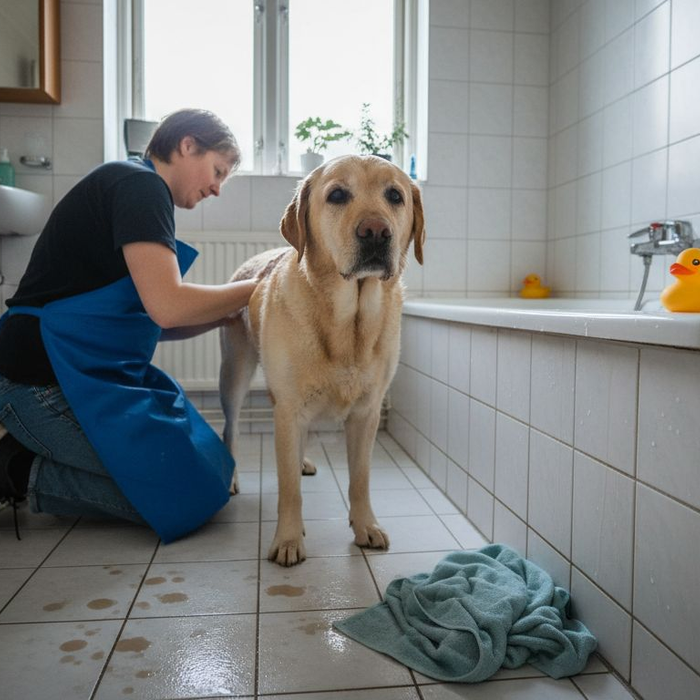 En hund bliver vasket i et helt almindeligt dansk badeværelse.