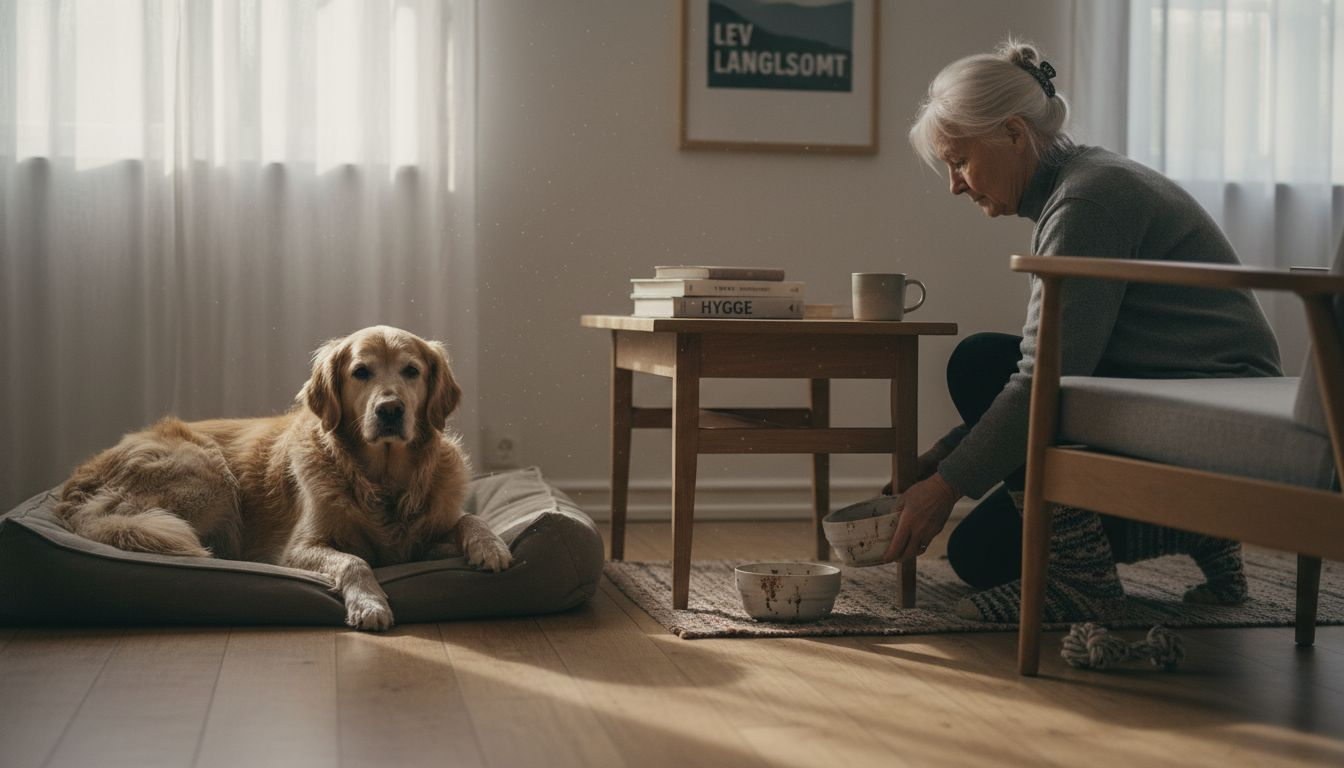 En ældre hund ligger og slapper af i den varme og hyggelige stue.