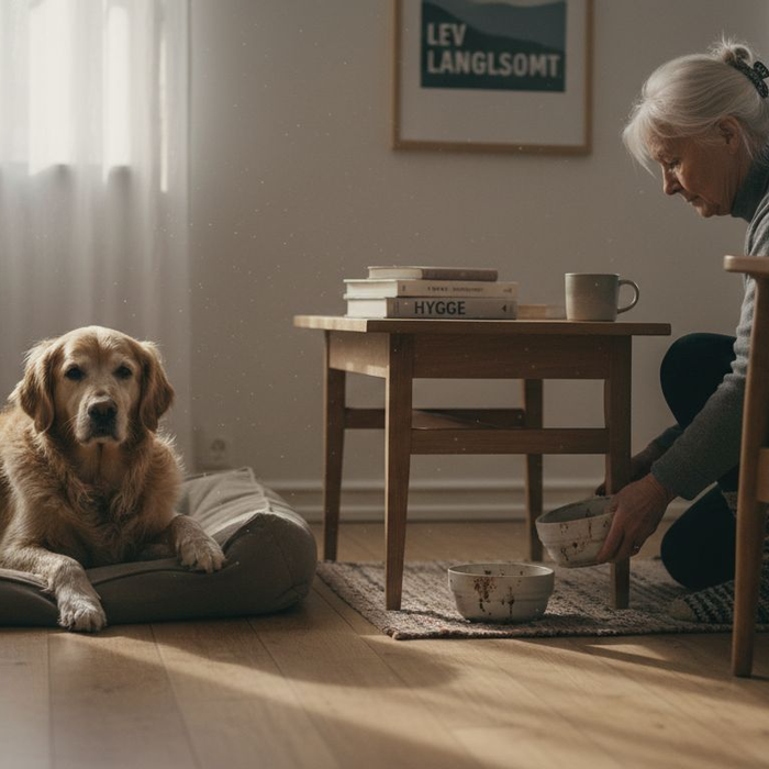 En ældre hund ligger og slapper af i den varme og hyggelige stue.