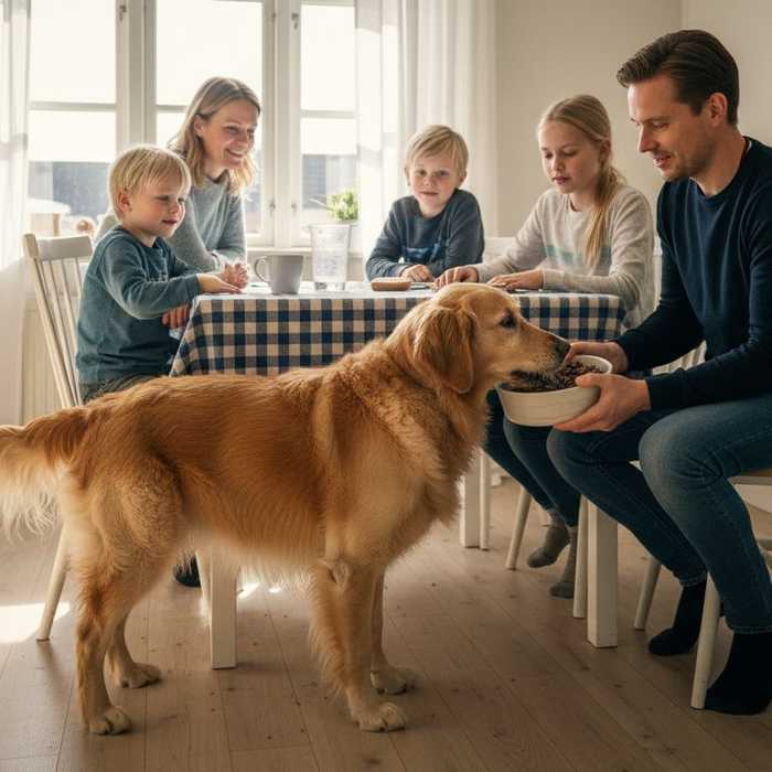 En familie sørger for at give deres hund god og nærende mad derhjemme.