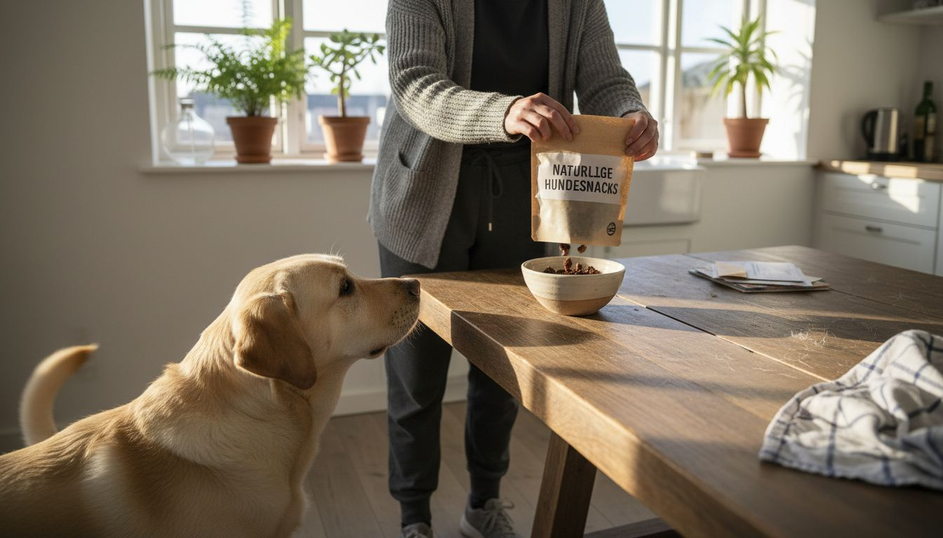 En hund og dens ejer hygger sig sammen i køkkenet med lækre, naturlige hundesnacks.