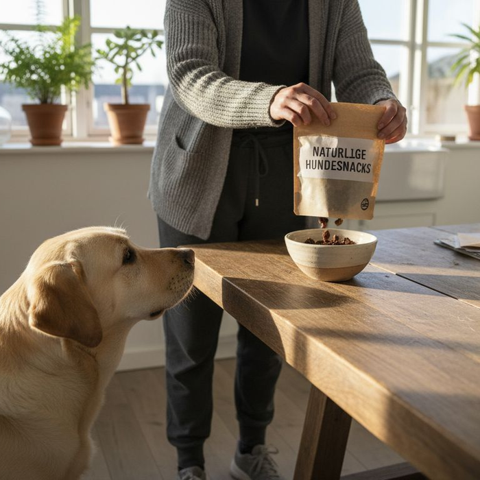 En hund og dens ejer hygger sig sammen i køkkenet med lækre, naturlige hundesnacks.