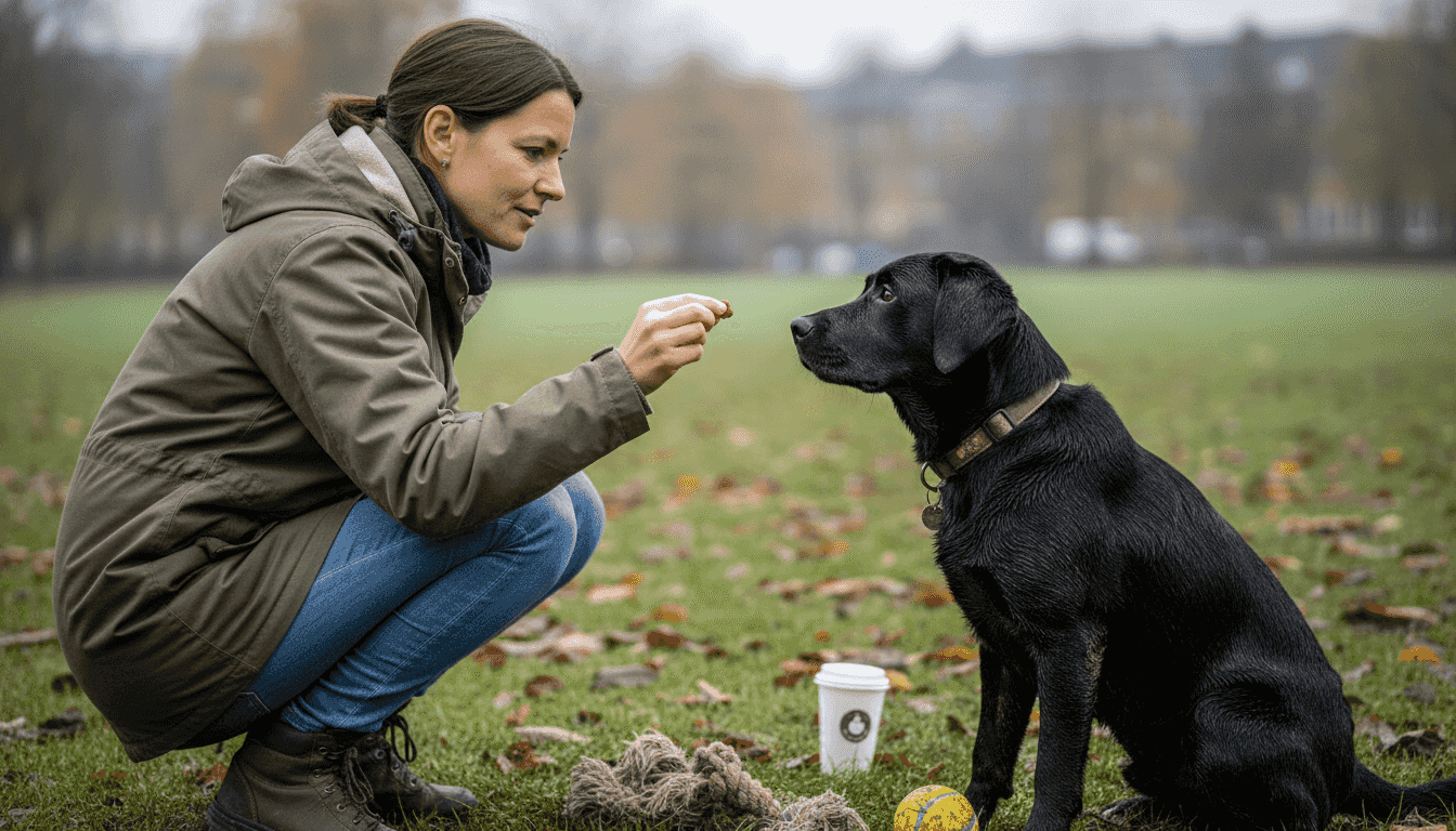 En kvinde træner sin sorte labrador ved hjælp af godbidder.