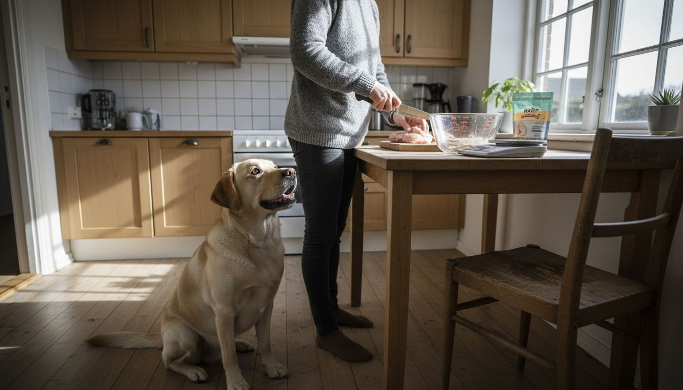 Ejeren og hunden står sammen i køkkenet og gør klar til at lave barf-mad.