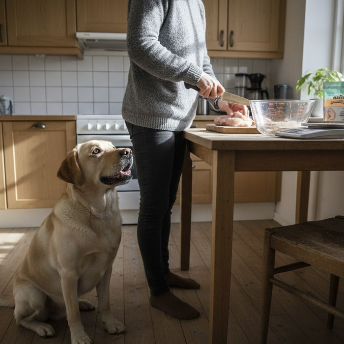 Ejeren og hunden står sammen i køkkenet og gør klar til at lave barf-mad.