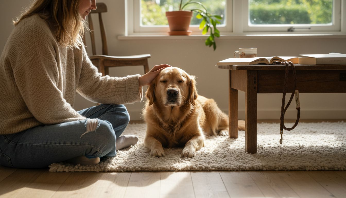 En hund og dens ejer nyder solen i en lys, dansk stue