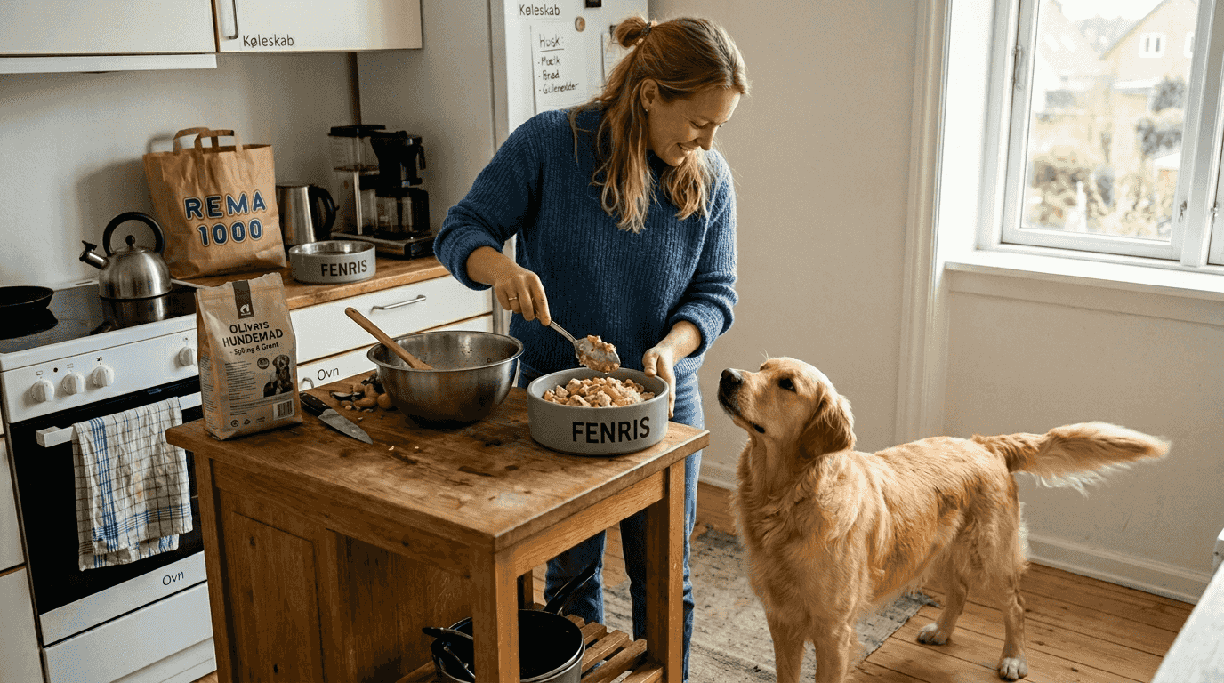 Hundeejeren står tidligt op og laver frisk morgenmad til sin firbenede ven i køkkenet.