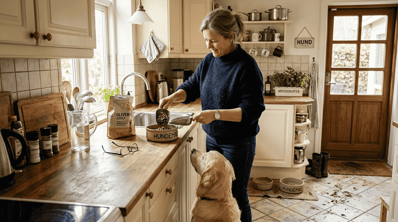 Ejeren står i køkkenet og måler op, hvor meget hundemad der skal i skålen.