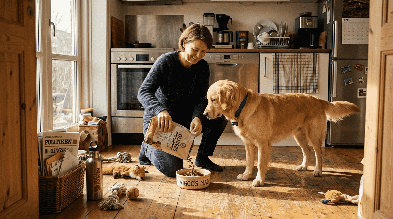 En kvinde giver sin hund mad i køkkenet derhjemme