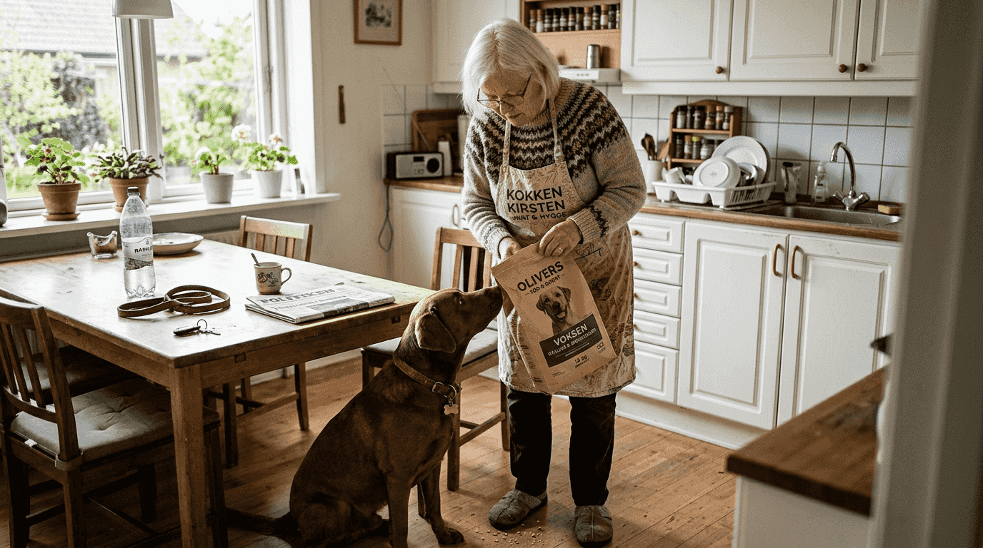 En kvinde undersøger ingredienserne i hundefoderet sammen med sin hund.