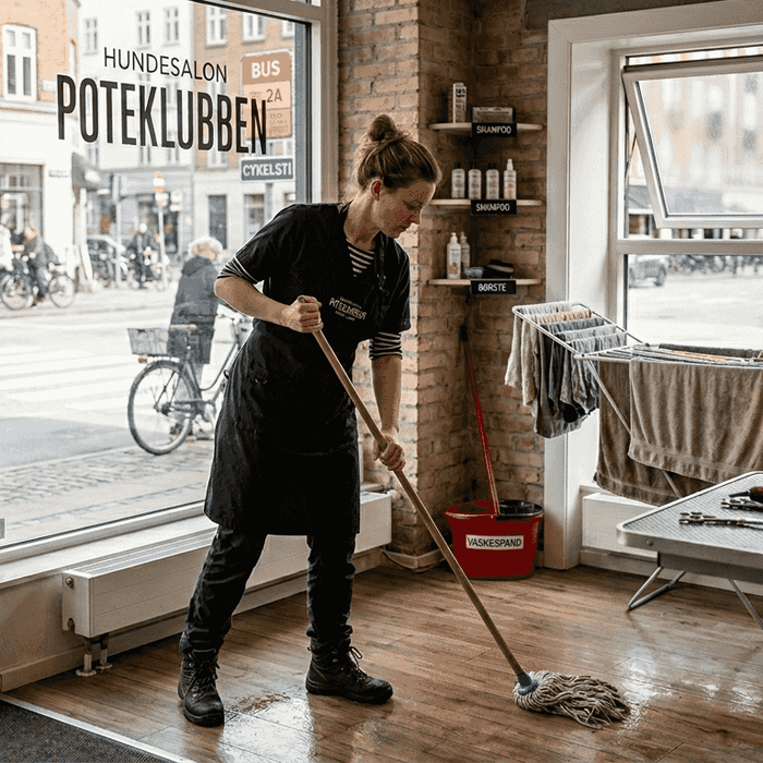 Hundefrisøren vasker gulvet i salonen efter dagens sidste klip