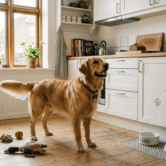 En glad golden retriever står i det solbeskinnede køkken og viser sin flotte, sunde pels frem.