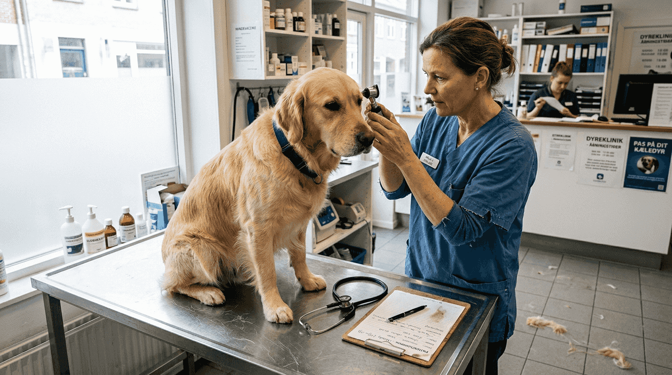 Hund til dyrlægetjek for at få set, at alt er som det skal være.