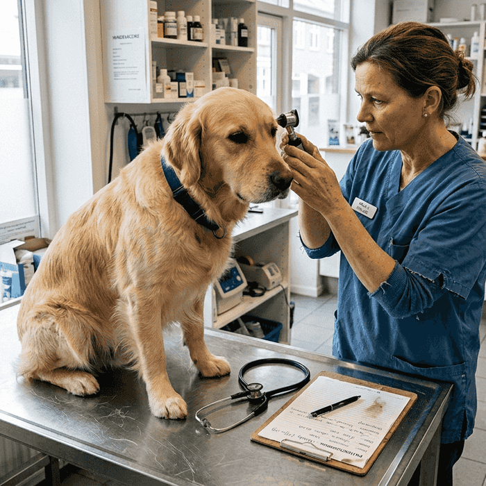 Hund til dyrlægetjek for at få set, at alt er som det skal være.