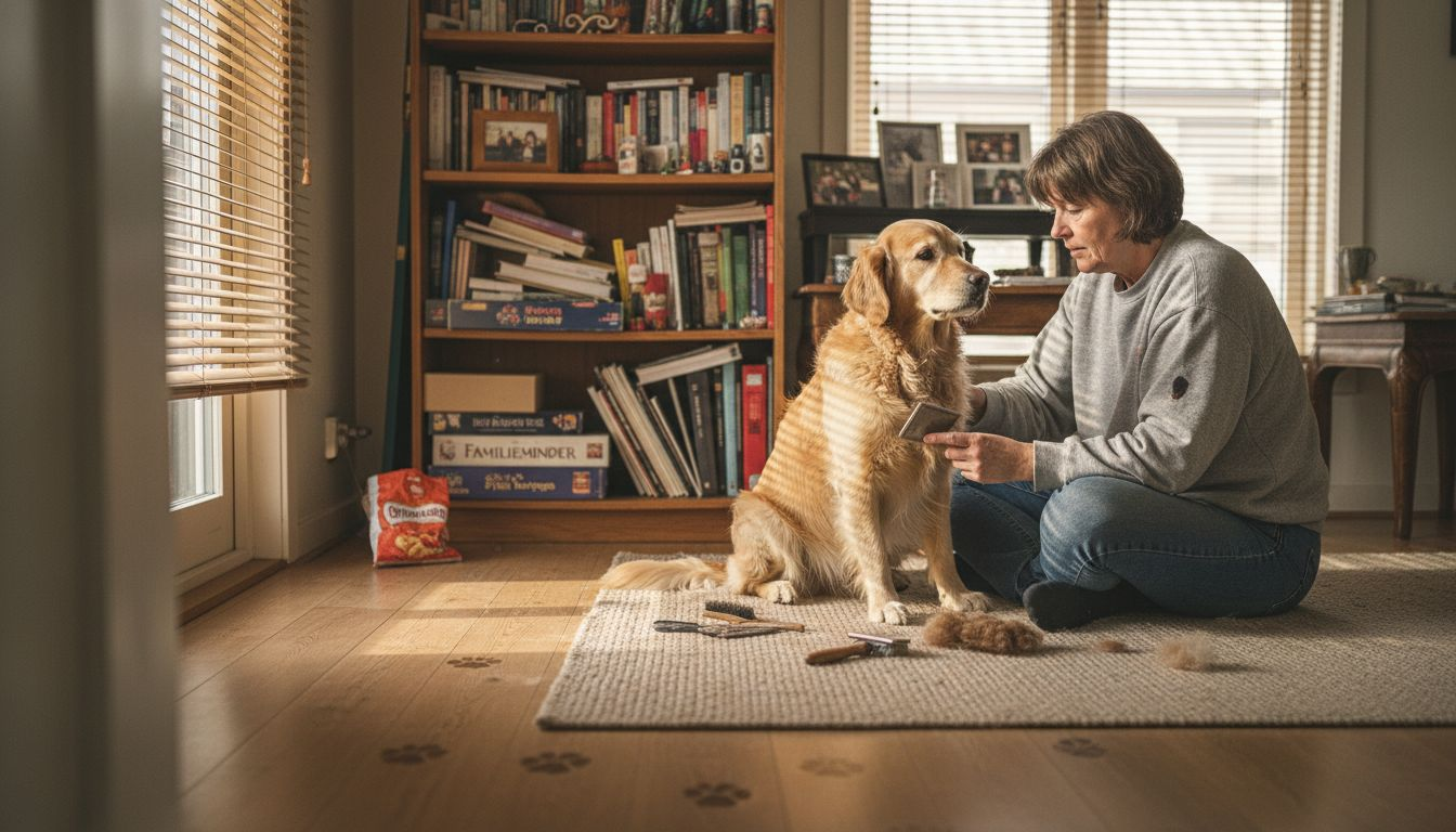 En hundeejer plejer sin golden retriever derhjemme