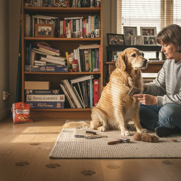 En hundeejer plejer sin golden retriever derhjemme