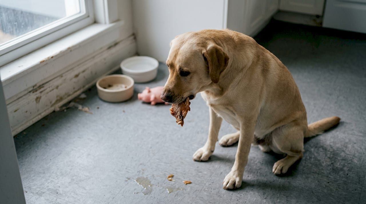 En labrador nyder en sund hundesnack i køkkenet.