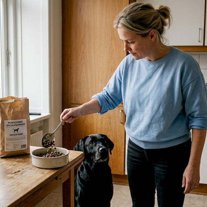 I det lyse og hyggelige køkken får familiens hund sin særlige mad serveret.