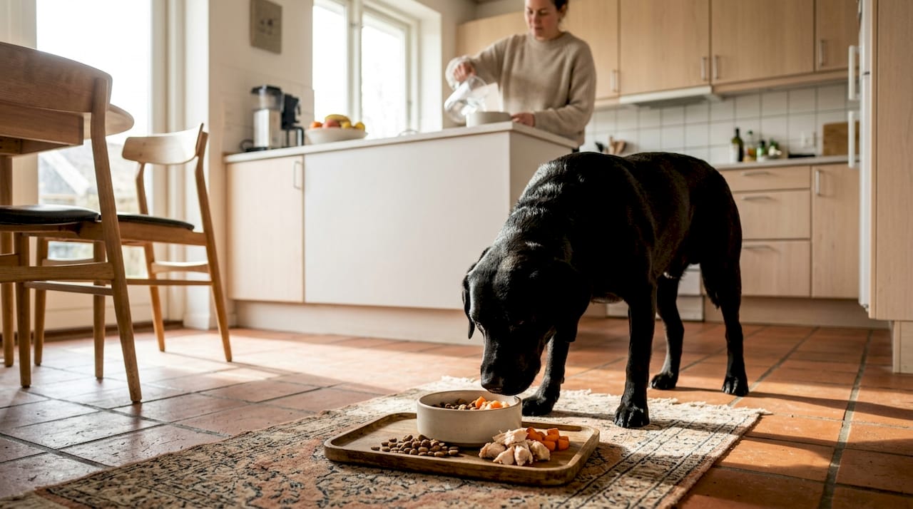 En nysgerrig hund snuser rundt i køkkenet og undersøger forskellige typer foder.