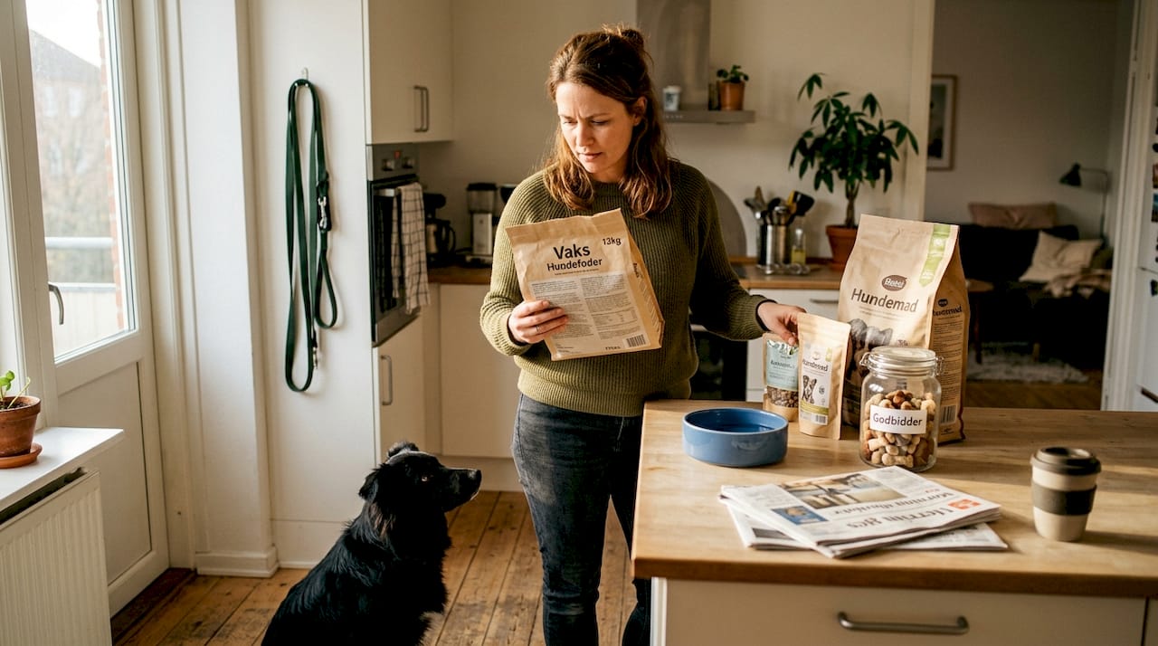 En kvinde står i sit køkken og nærstuderer ingredienslisten på en pose hundefoder.