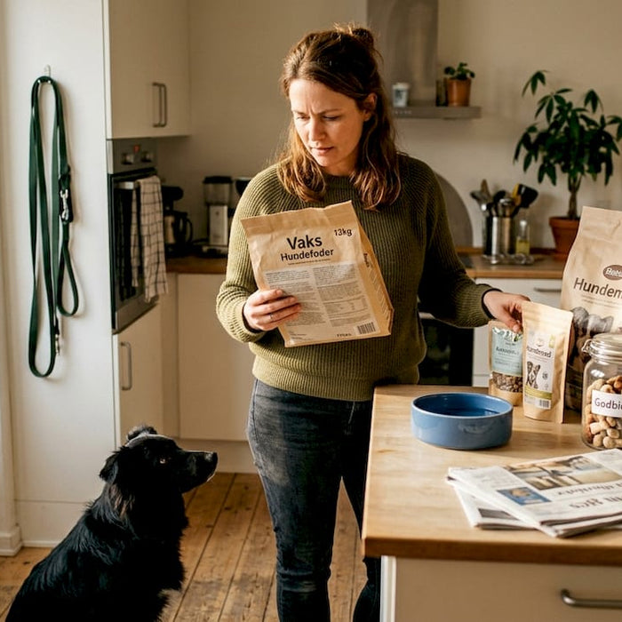 En kvinde står i sit køkken og nærstuderer ingredienslisten på en pose hundefoder.