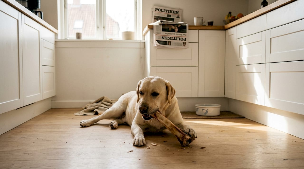 Vores labrador ligger og gnasker på et ben ude i køkkenet.