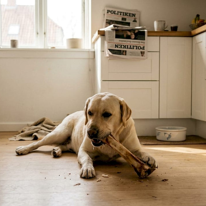 Vores labrador ligger og gnasker på et ben ude i køkkenet.