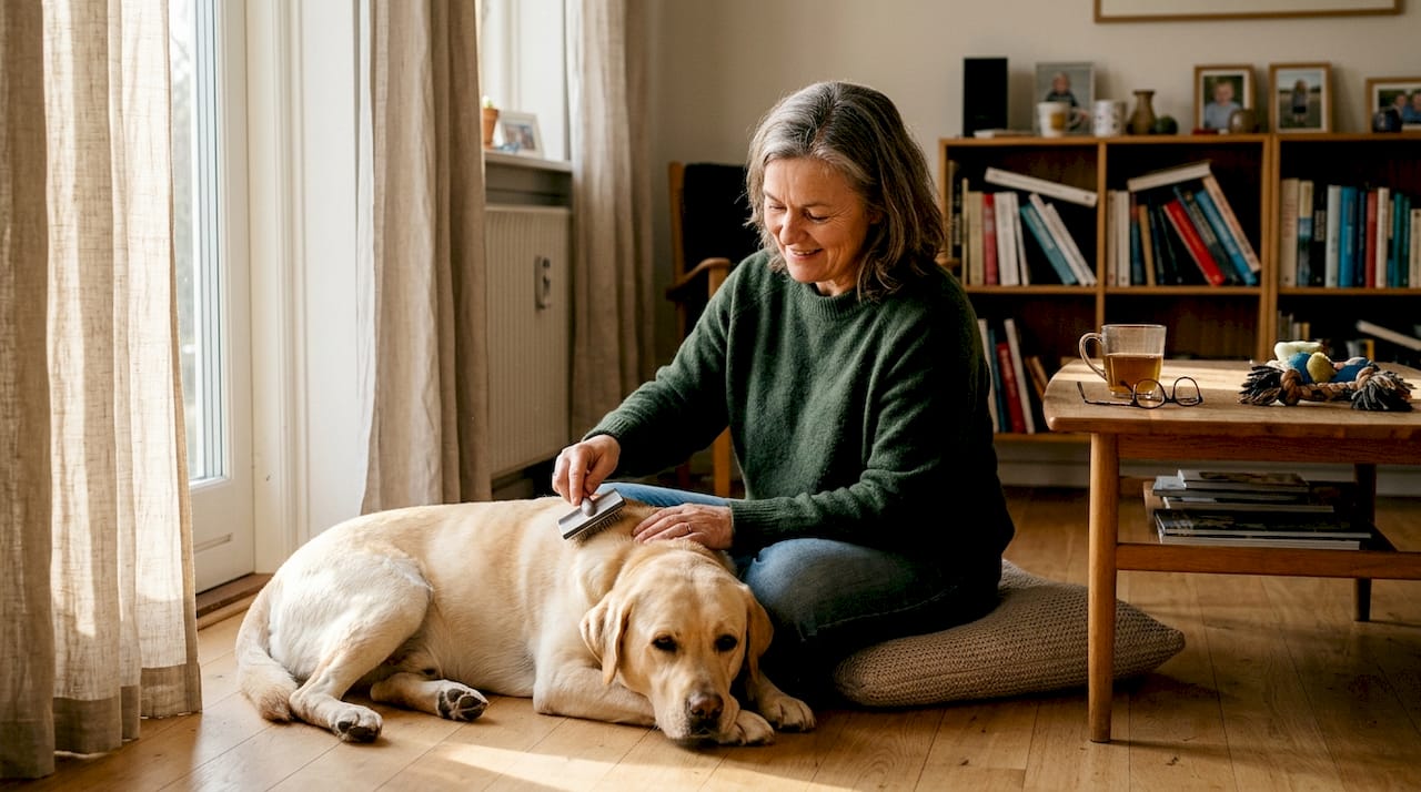 En kvinde hygger sig med at passe sin hund hjemme i stuen.