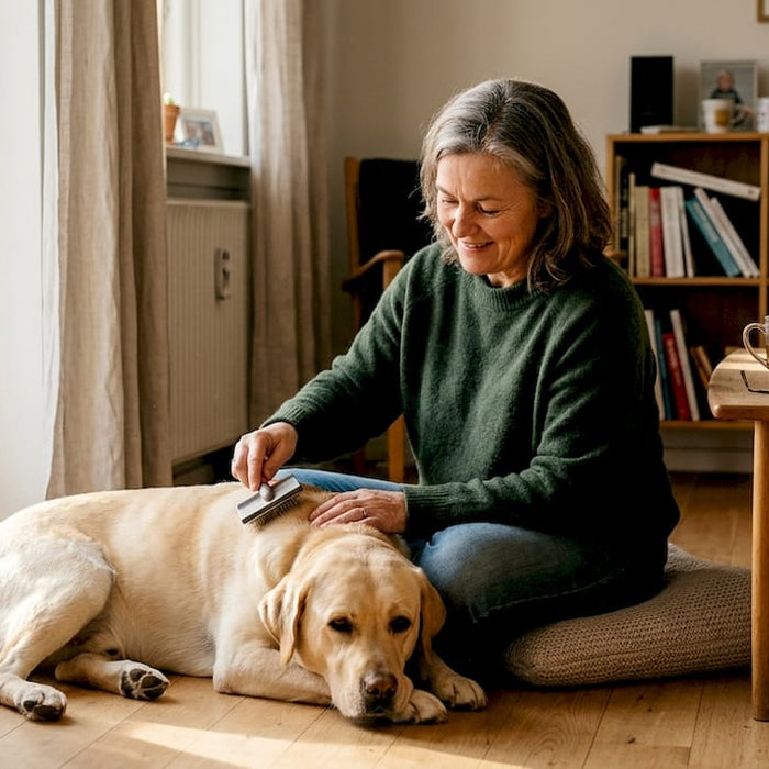 En kvinde hygger sig med at passe sin hund hjemme i stuen.