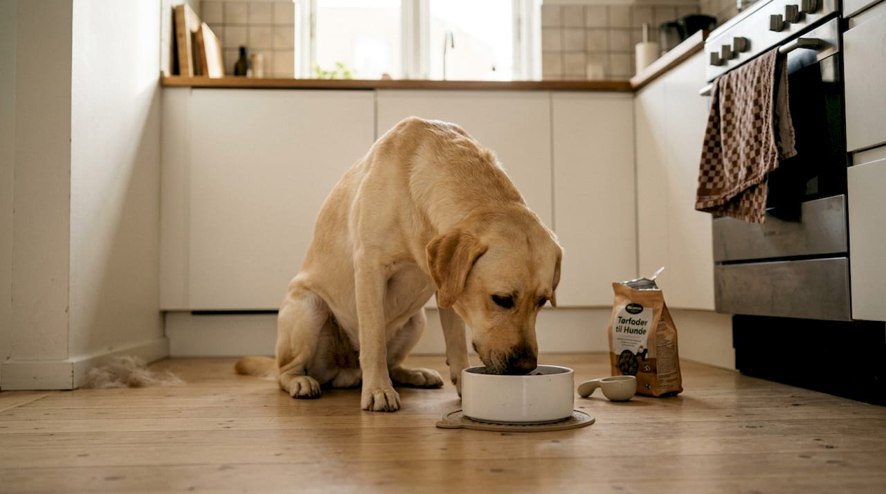En labrador står og spiser af sin madskål i køkkenet derhjemme.