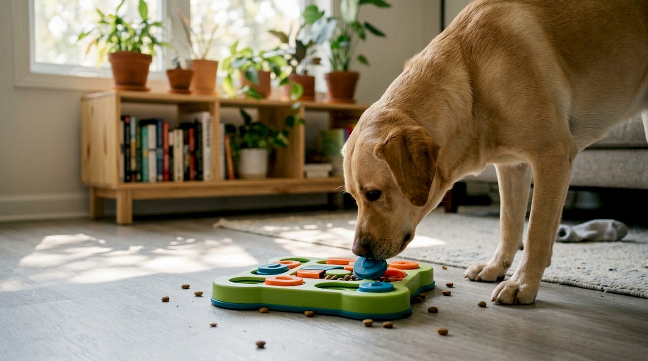 Hunden fordyber sig i sit aktivitetslegetøj midt i stuen.