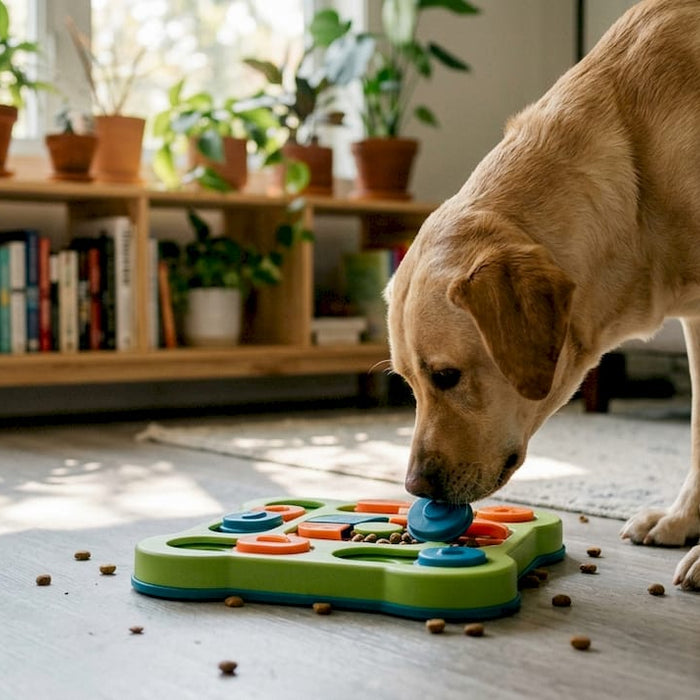 Hunden fordyber sig i sit aktivitetslegetøj midt i stuen.