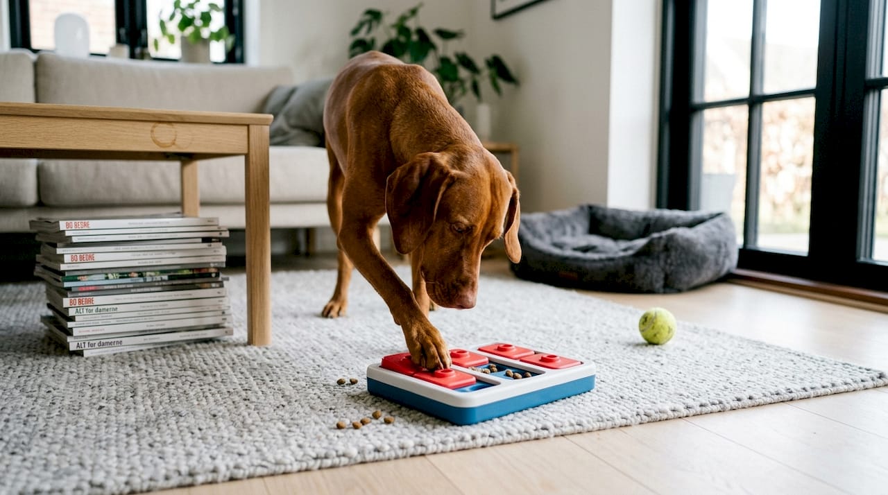 En hund leger med et aktiveringslegetøj i stuen.