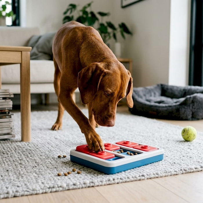 En hund leger med et aktiveringslegetøj i stuen.