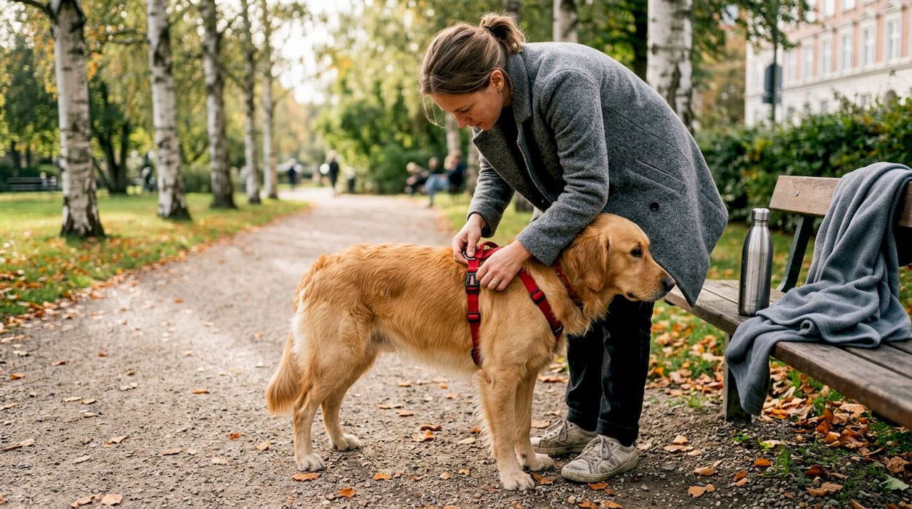 En hundeejer spænder selen på sin hund, mens de er i parken.