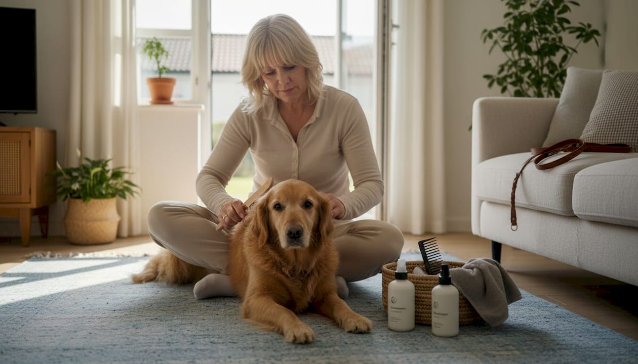 En kvinde plejer sin golden retriever med forskellige pelsplejeprodukter og giver den lidt ekstra forkælelse.