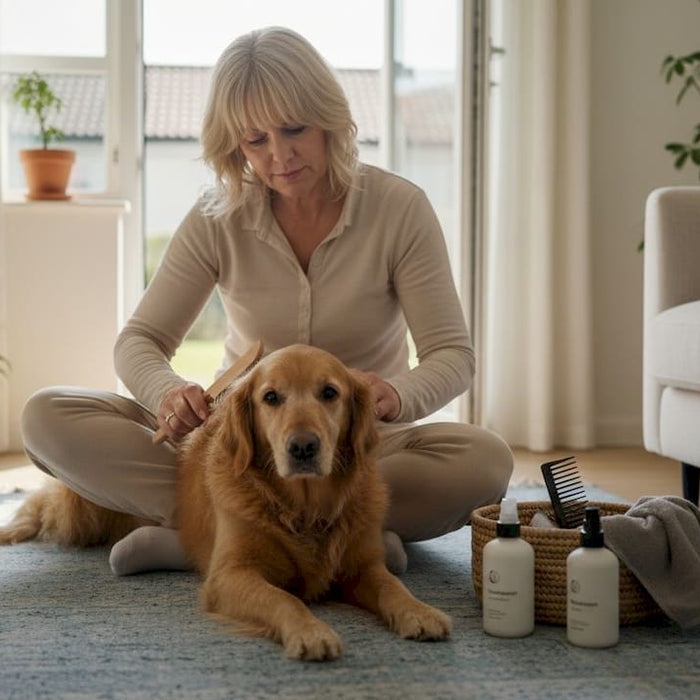 En kvinde plejer sin golden retriever med forskellige pelsplejeprodukter og giver den lidt ekstra forkælelse.