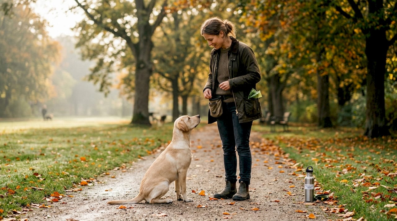 En hundeejer er ude og træne sin hund i parken tidligt om morgenen.