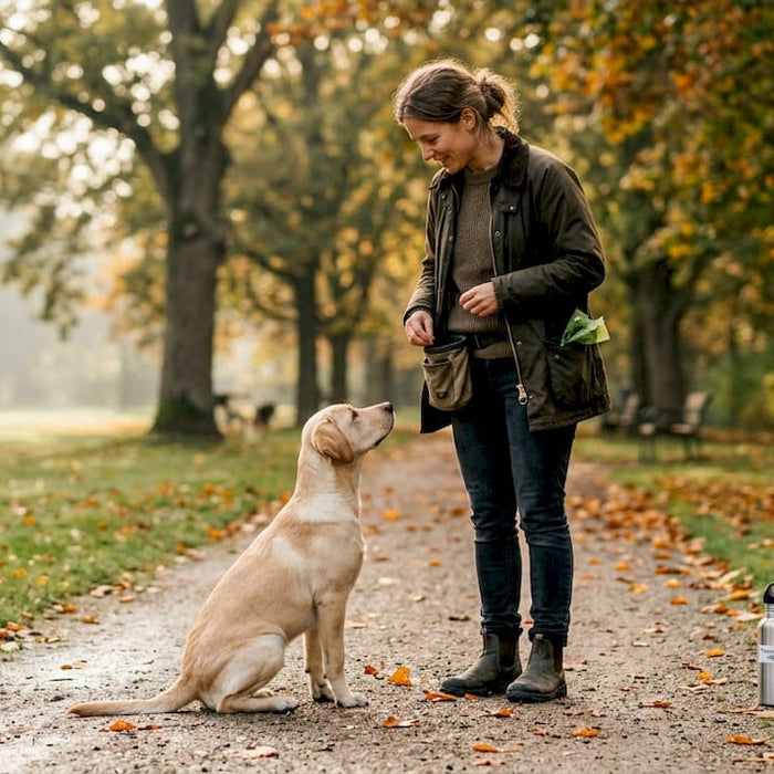 En hundeejer er ude og træne sin hund i parken tidligt om morgenen.