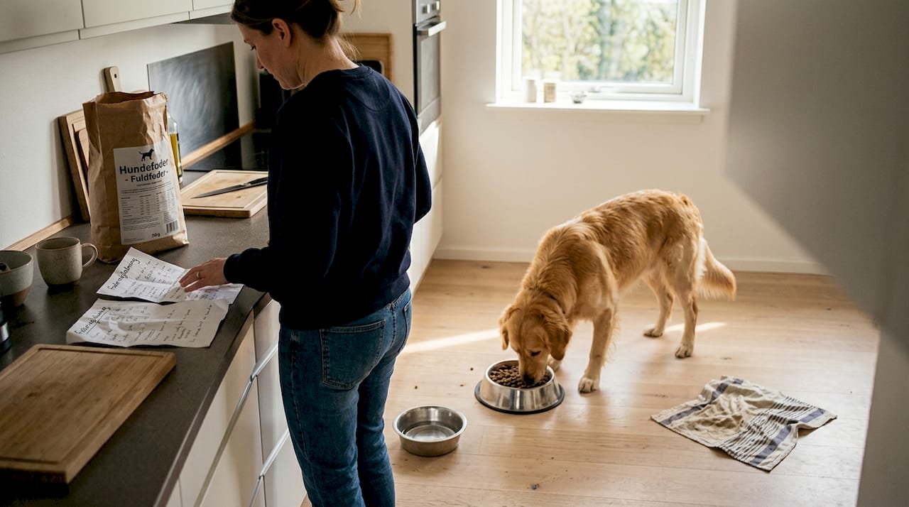Hunden sidder på køkkengulvet og nyder sin tørfoder.