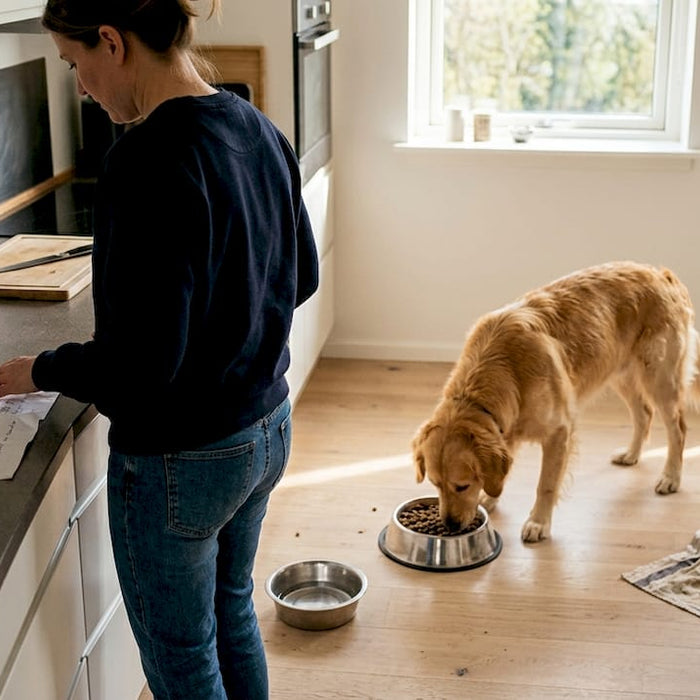 Hunden sidder på køkkengulvet og nyder sin tørfoder.