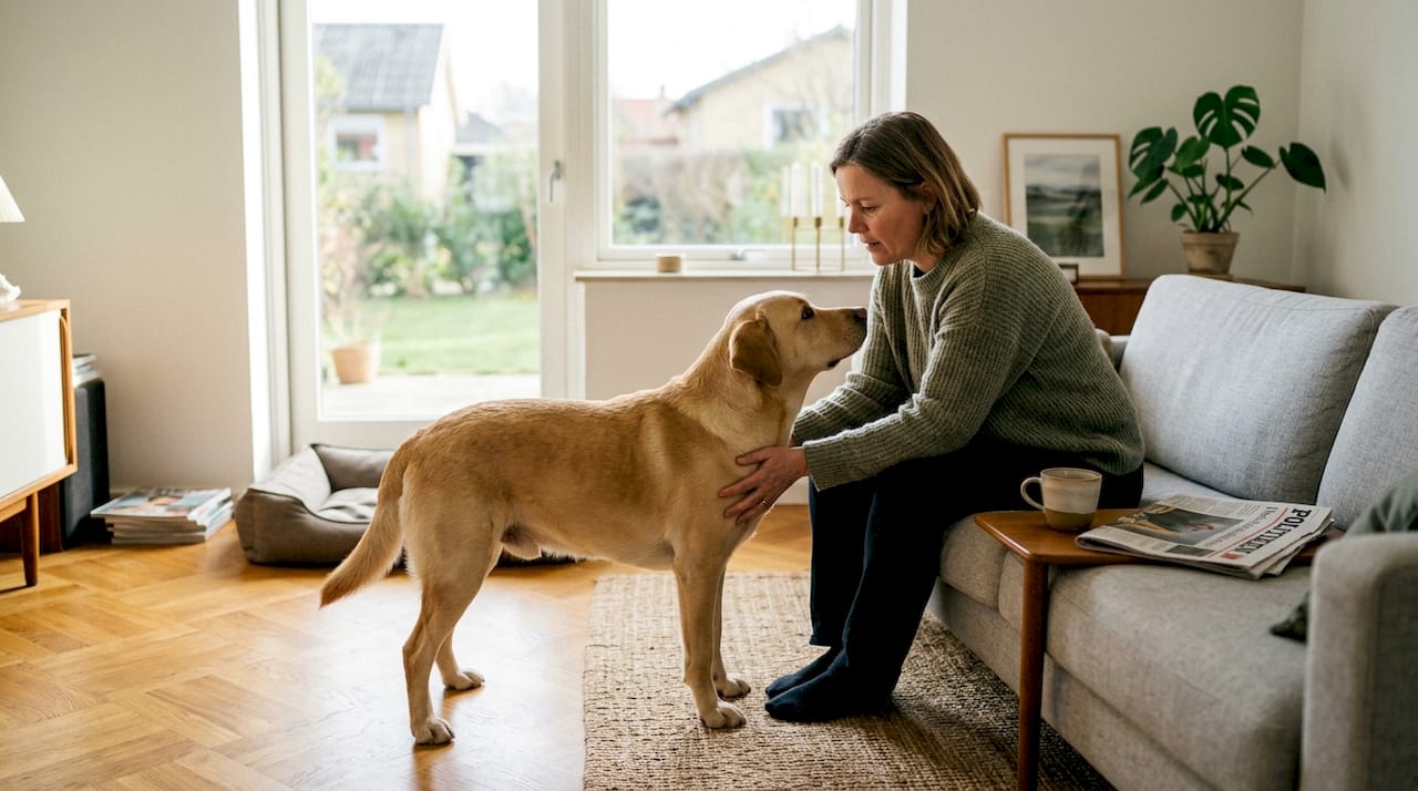 En kvinde vejer sin hund hjemme i stuen